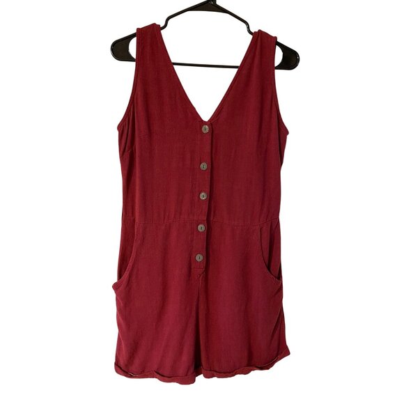 Womens Sleeveless Burgundy Button-Front Romper W Pockets 80%Viscose & 20%Linen M - Picture 3 of 12